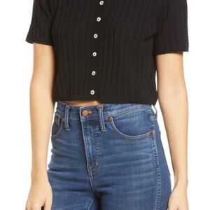 Reformation Cashmere Black Ribbed Button-Front Crop Top